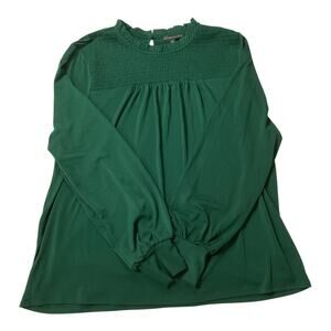 Adrianna Papell Emerald Green Pleated Mock Neck Smocked Blouse - Size XL
